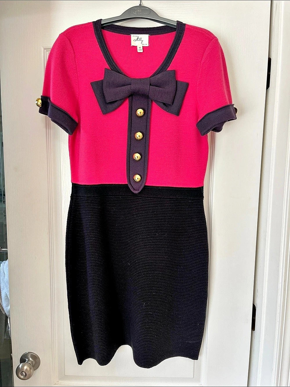 Milly Bow Front Pink & Black Color Block sweater Dress, M